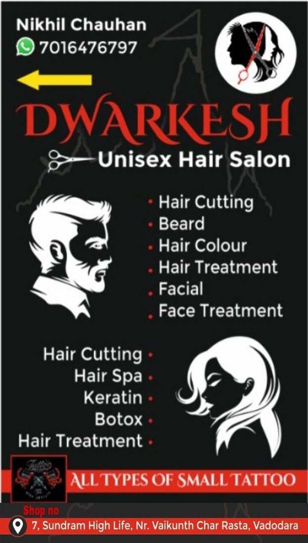 Dwarkesh salon flyer listing services for men and women and small tattoos